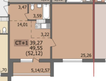 1-к. квартира, 49&nbsp;м²