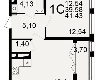 1-к. квартира, 41,4 м²