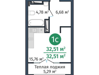 1-к. квартира, 32,5&nbsp;м²