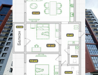 2-к. квартира, 64&nbsp;м²