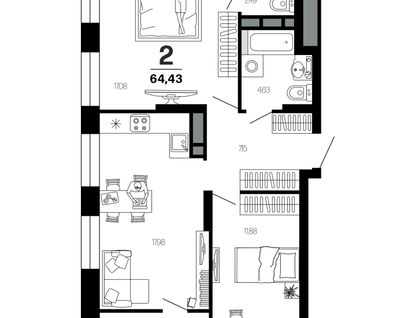2-к. квартира, 64,4&nbsp;м²