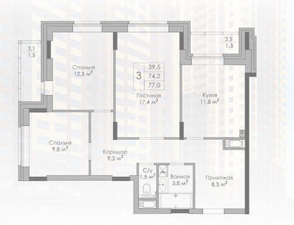 1-к. квартира, 77&nbsp;м²