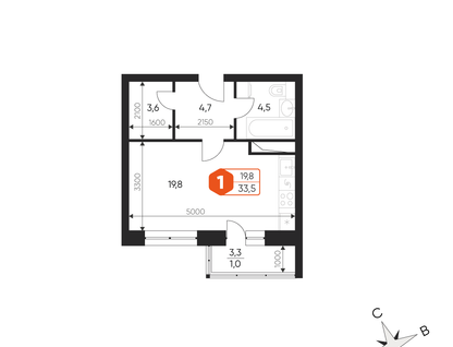 Студия, 33,5&nbsp;м²