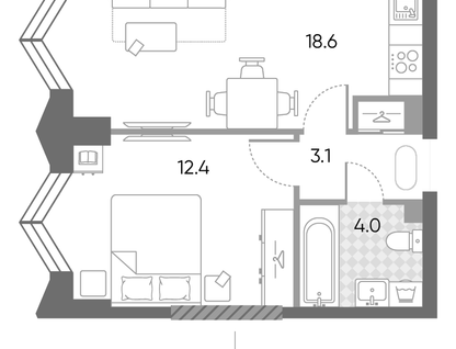 1-к. квартира, 38,1&nbsp;м²