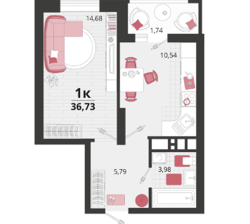 1-к. квартира, 36,7&nbsp;м²