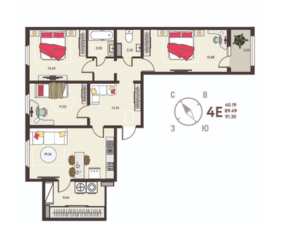 3-к. квартира, 91,3&nbsp;м²