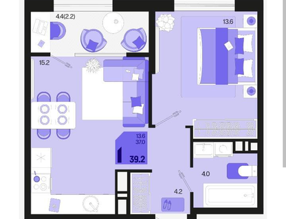 1-к. квартира, 39,2&nbsp;м²