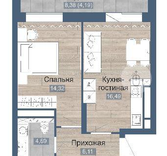 1-к. квартира, 49,3&nbsp;м²