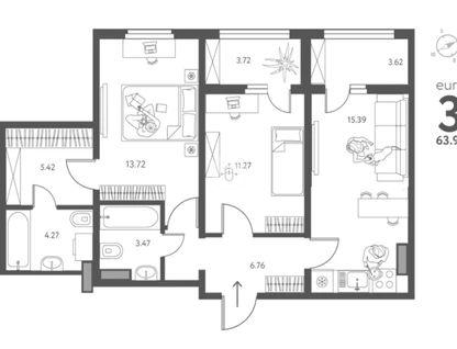 3-к. квартира, 64&nbsp;м²