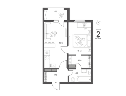 1-к. квартира, 42,2 м²