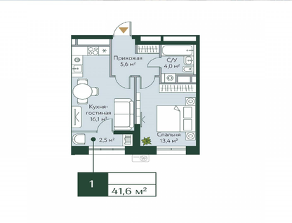 1-к. квартира, 42&nbsp;м²