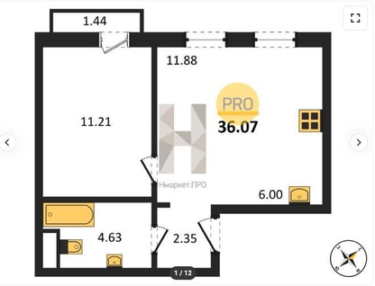 1-к. квартира, 35,8&nbsp;м²