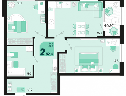 2-к. квартира, 62,4&nbsp;м²