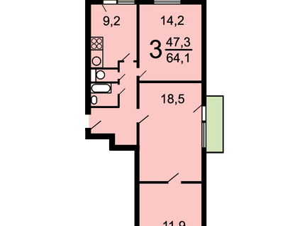3-к. квартира, 64,1&nbsp;м²