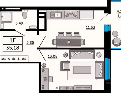 1-к. квартира, 35,2&nbsp;м²