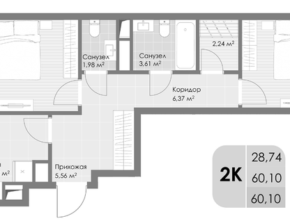 2-к. квартира, 60,1&nbsp;м²