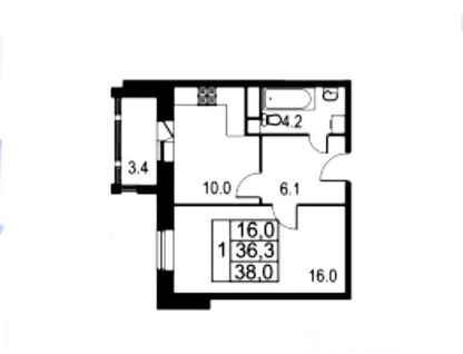 1-к. квартира, 38&nbsp;м²