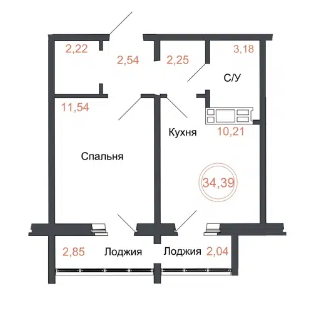 1-к. квартира, 34&nbsp;м²