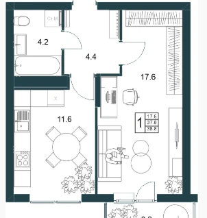 1-к. квартира, 38,8&nbsp;м²