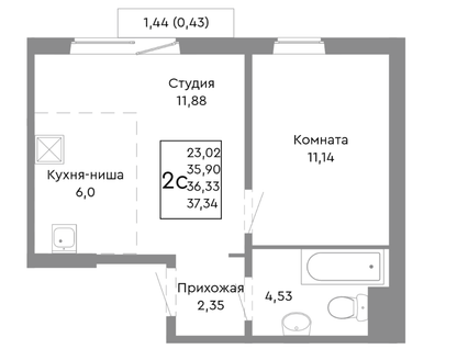 1-к. квартира, 36,3 м²