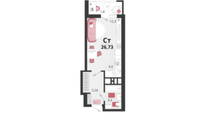 Студия, 26,7&nbsp;м²