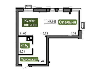 1-к. квартира, 47,5&nbsp;м²