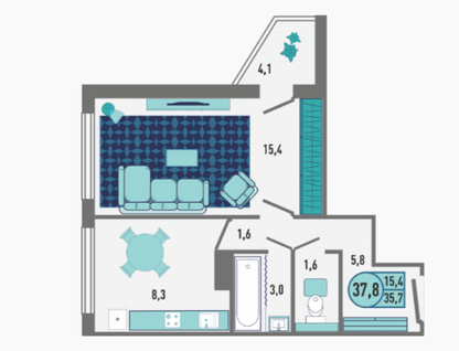 1-к. квартира, 37,8&nbsp;м²