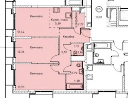 3-к. квартира, 61,5 м²