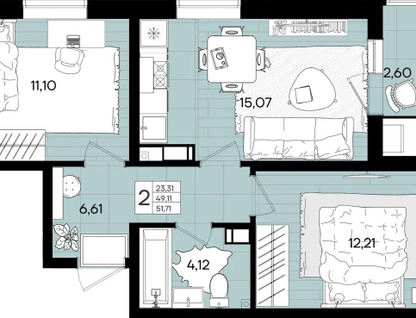 1-к. квартира, 51,7&nbsp;м²