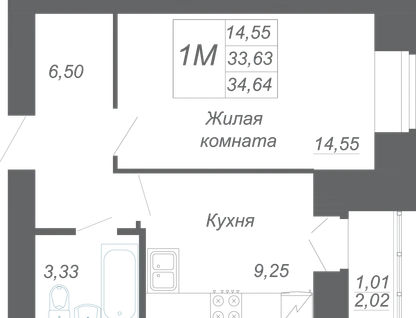 1-к. квартира, 34&nbsp;м²