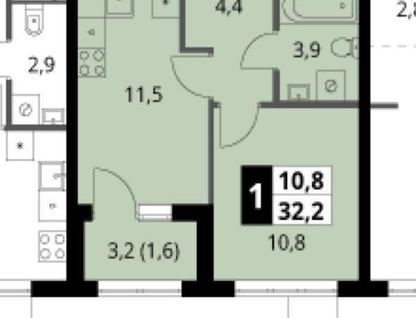 1-к. квартира, 32,3&nbsp;м²