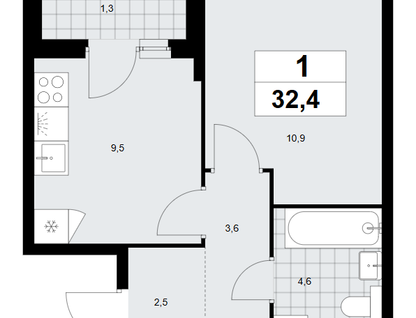 1-к. квартира, 32,4 м²