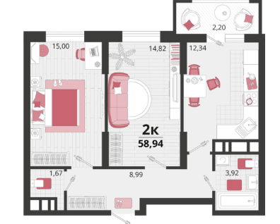 2-к. квартира, 58,9&nbsp;м²