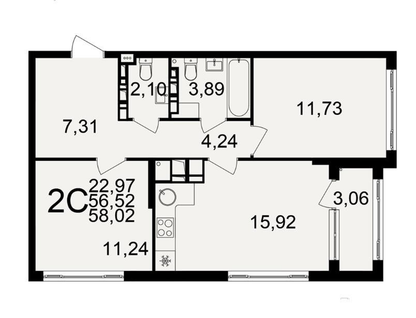 2-к. квартира, 58 м²
