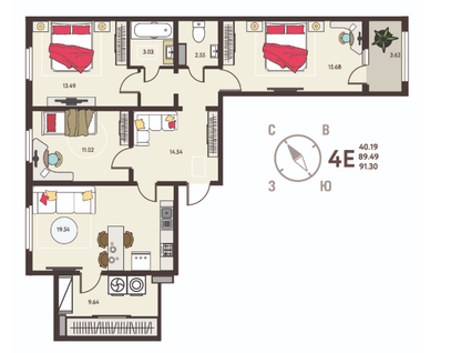 4-к. квартира, 91,3&nbsp;м²