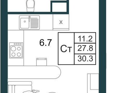 Студия, 30,3&nbsp;м²