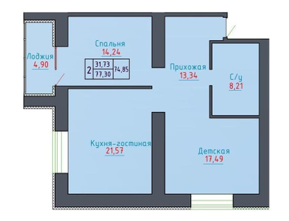 2-к. квартира, 74,3&nbsp;м²