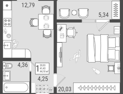1-к. квартира, 44&nbsp;м²