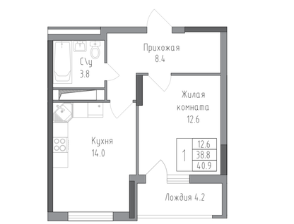 1-к. квартира, 40,9&nbsp;м²