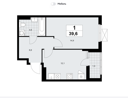 1-к. квартира, 39,6&nbsp;м²