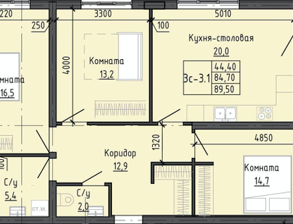 3-к. квартира, 89,6&nbsp;м²