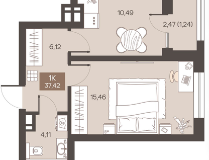 1-к. квартира, 37,2 м²