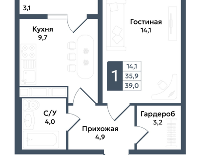 1-к. квартира, 35,9&nbsp;м²