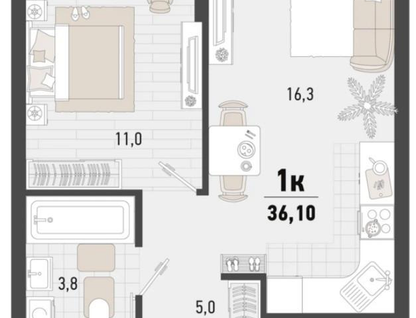 1-к. квартира, 36,1&nbsp;м²