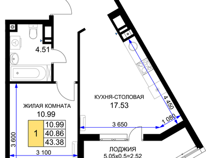 1-к. квартира, 43,4&nbsp;м²