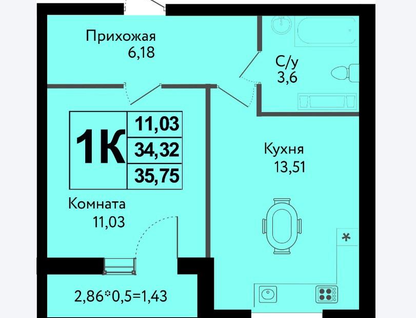 1-к. квартира, 35,8&nbsp;м²