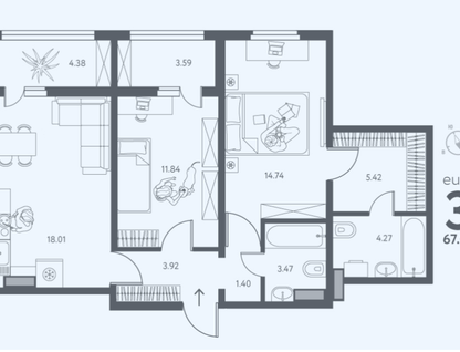 3-к. квартира, 67,1 м²