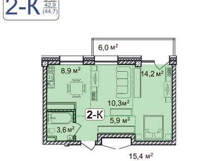 2-к. квартира, 44,7&nbsp;м²