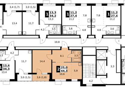 2-к. квартира, 44&nbsp;м²