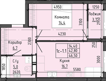 1-к. квартира, 46,5&nbsp;м²